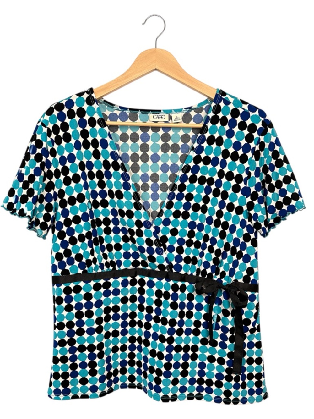 Womens Geometric Y2K Babydoll Blouse Top XL Wrap Vneck Retro Festival Stretchy